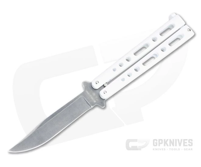 Bear and Son Cutlery Stonewashed Clip Point White Butterfly Knife 117WSW 1 Bear and Son Cutlery Stonewashed Clip Point White Butterfly Knife 117WSW