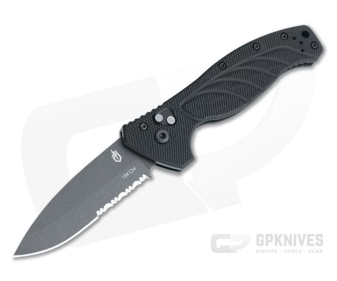 Gerber-Emerson Alliance Black Oxide Part Serrated 154CM Drop Point Aluminum Automatic Knife 22-07158N 1 Gerber-Emerson Alliance Black Oxide Part Serrated 154CM Drop Point Aluminum Automatic Knife 22-07158N