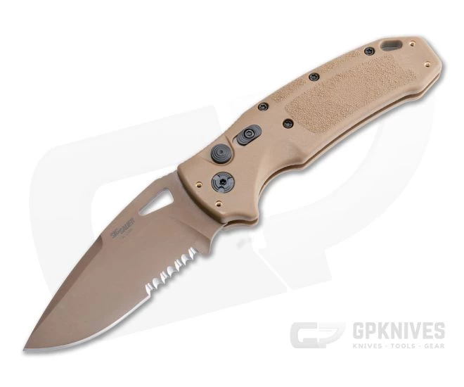 Hogue SIG K320A M17/M18 Drop Point Serrated Coyote Tan S30V Polymer Button Lock Automatic 36333 1 Hogue SIG K320A M17/M18 Drop Point Serrated Coyote Tan S30V Polymer Button Lock Automatic 36333