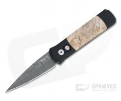 Protech Custom LTD Godson Automatic Nichols Damascus Maple Burl Inlaid Folder 706-DAMA